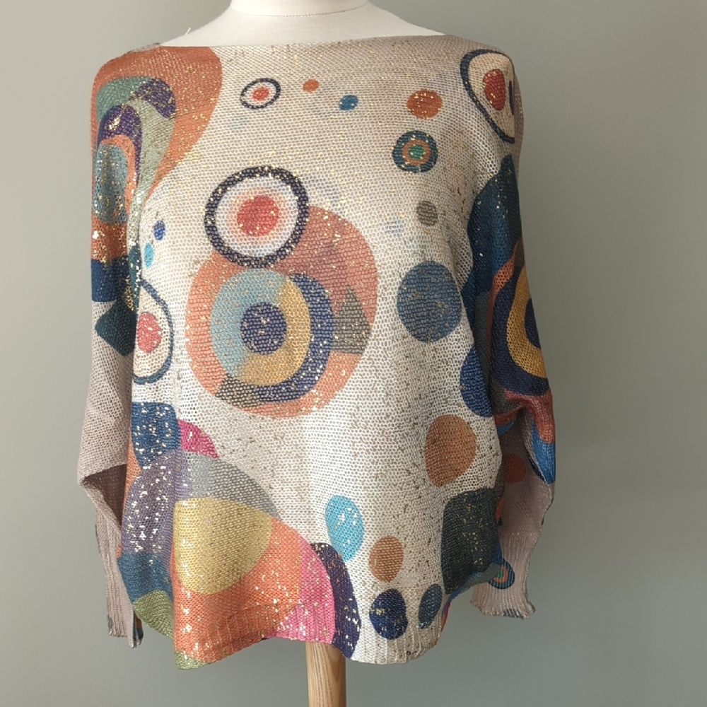 Marisima Colorful Abstract Women's Sweater W/ Dolman Sleeves. One Size Fits Most